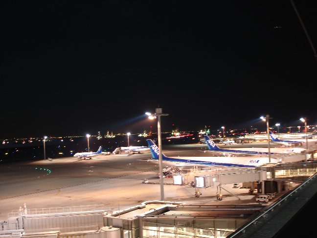 建設中のD滑走路を遠くに望み、手前には全日空機が駐機されている。